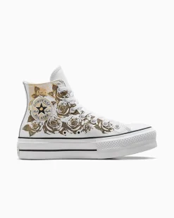 Converse Modelli Alti|Modelli Con Platform<Chuck Taylor All Star Lift Platform Gold Roses & Leather White Gold Roses