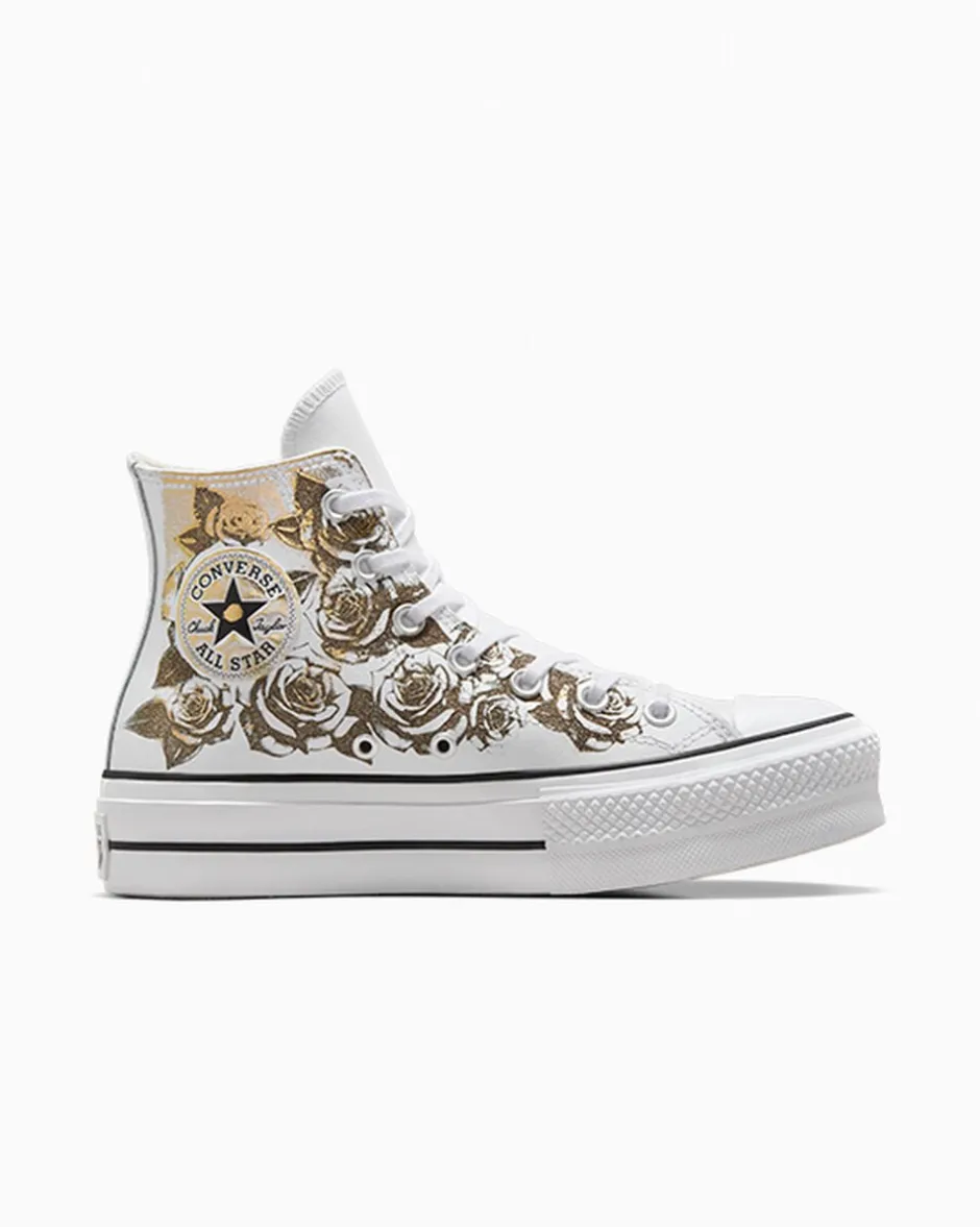 Converse Modelli Alti|Modelli Con Platform<Chuck Taylor All Star Lift Platform Gold Roses & Leather White Gold Roses