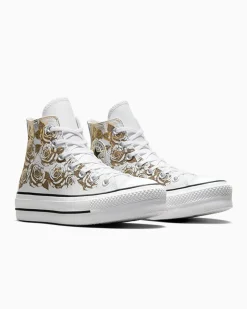 Converse Modelli Alti|Modelli Con Platform<Chuck Taylor All Star Lift Platform Gold Roses & Leather White Gold Roses