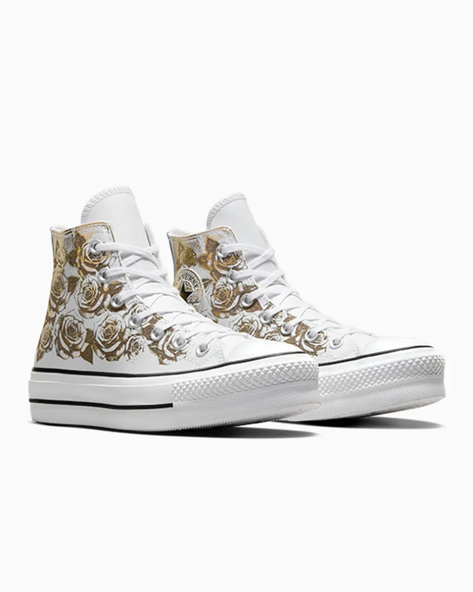 Converse Modelli Alti|Modelli Con Platform<Chuck Taylor All Star Lift Platform Gold Roses & Leather White Gold Roses