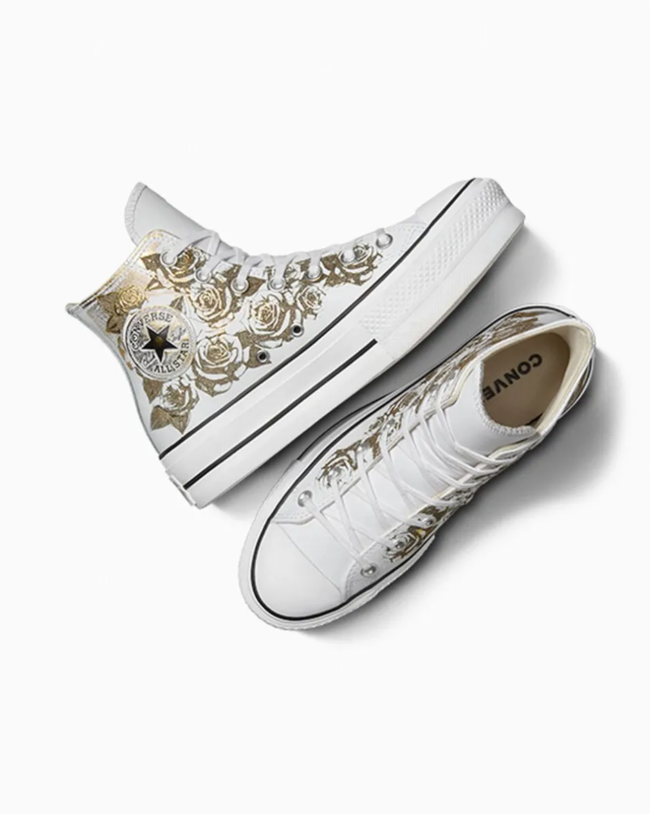 Converse Modelli Alti|Modelli Con Platform<Chuck Taylor All Star Lift Platform Gold Roses & Leather White Gold Roses