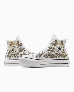 Converse Modelli Alti|Modelli Con Platform<Chuck Taylor All Star Lift Platform Gold Roses & Leather White Gold Roses
