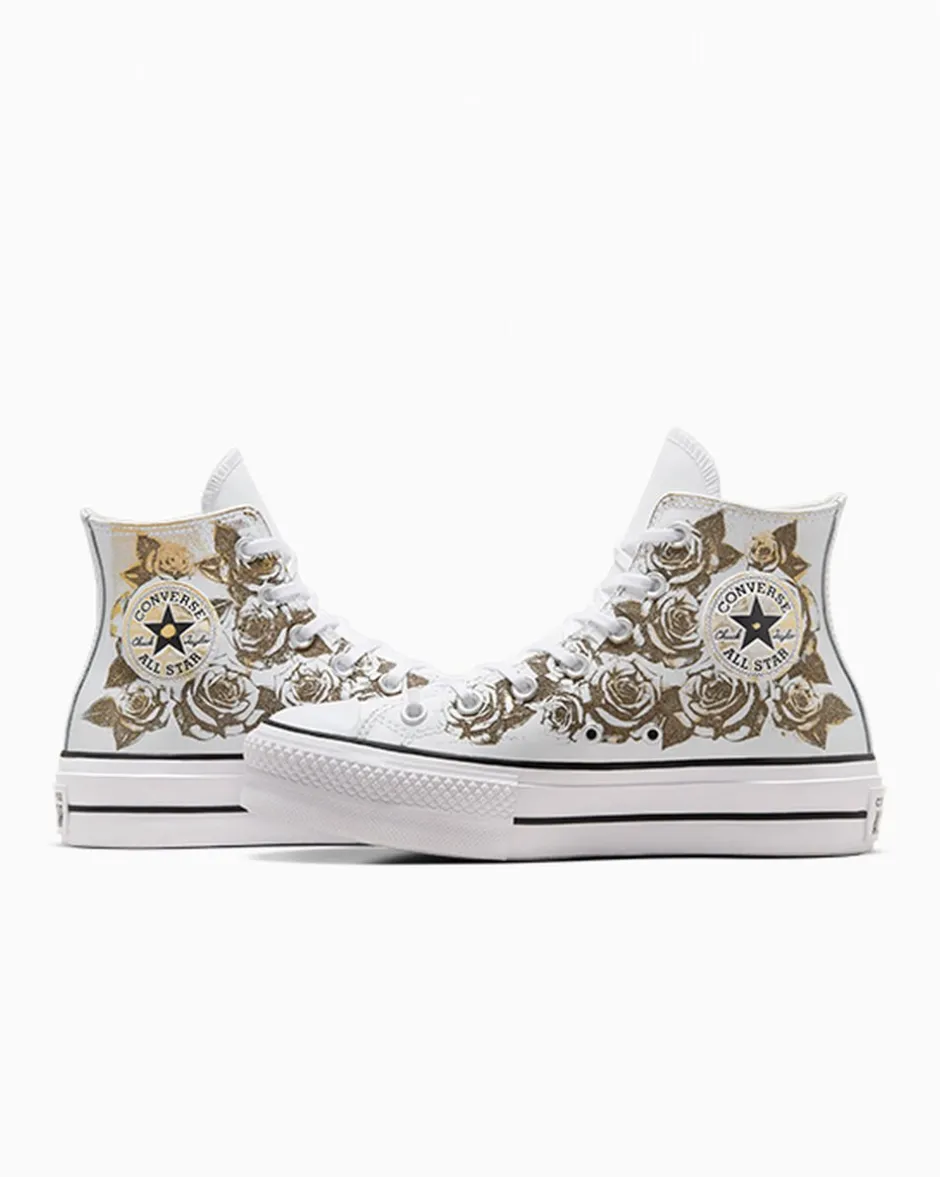 Converse Modelli Alti|Modelli Con Platform<Chuck Taylor All Star Lift Platform Gold Roses & Leather White Gold Roses