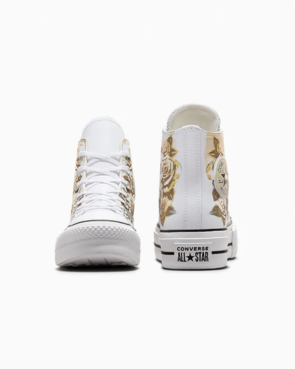 Converse Modelli Alti|Modelli Con Platform<Chuck Taylor All Star Lift Platform Gold Roses & Leather White Gold Roses