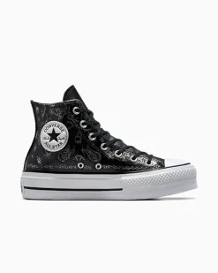 Converse Modelli Alti|Modelli Con Platform<Chuck Taylor All Star Lift Platform Silver Paisley & Leather Black Roses