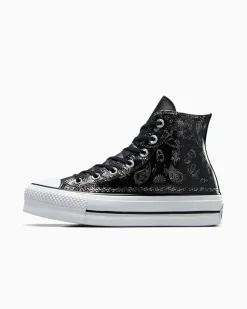 Converse Modelli Alti|Modelli Con Platform<Chuck Taylor All Star Lift Platform Silver Paisley & Leather Black Roses