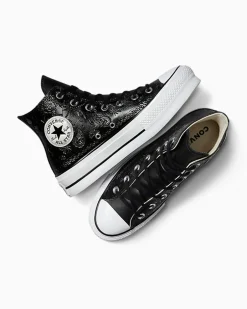 Converse Modelli Alti|Modelli Con Platform<Chuck Taylor All Star Lift Platform Silver Paisley & Leather Black Roses