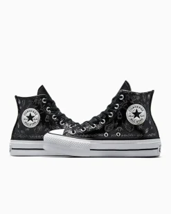 Converse Modelli Alti|Modelli Con Platform<Chuck Taylor All Star Lift Platform Silver Paisley & Leather Black Roses